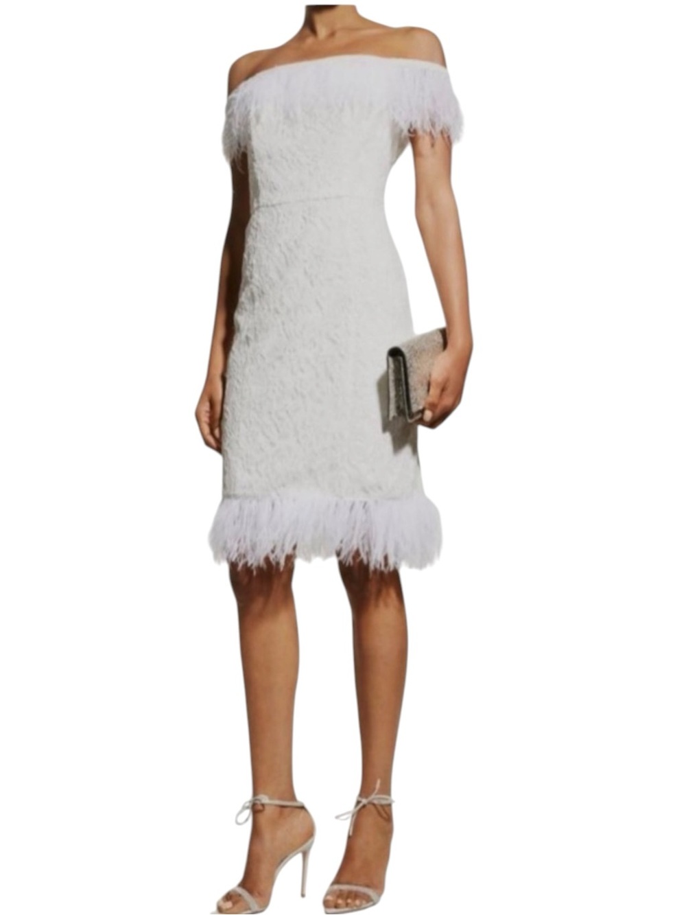 NWT Aidan Mattox Women Ivory Off-Shoulder Feather-Trim Lace Dress Size 2